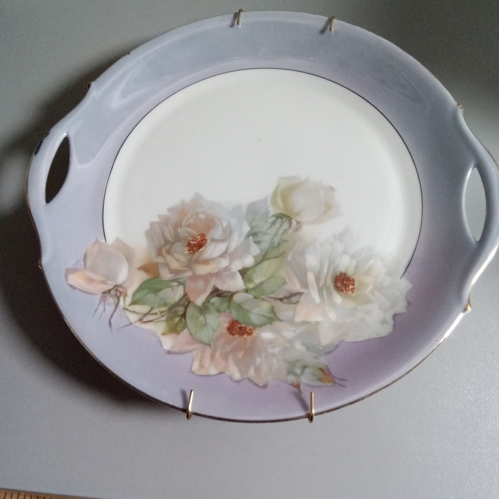 Vintage PM Bavaria Porcelain Cake Plate Hand Painted Roses Lavender Gold 9.75in